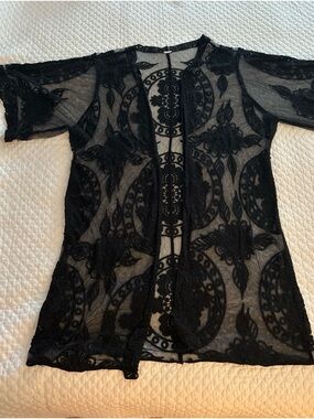 Black Sheer Embroidered Kimono Cover-Up